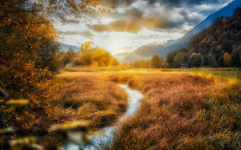 Mountains Rivers Fields Autumn Clouds 5k Wallpaper