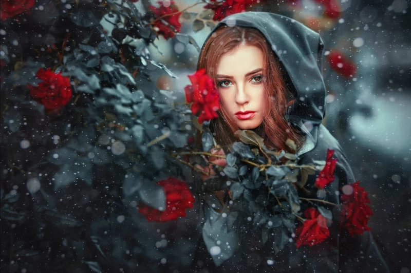 Red Head Girl Red Flowers 4k Wallpaper