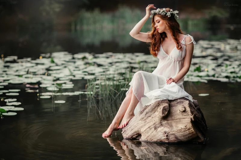 White Dress Girl Pond Side Wallpaper