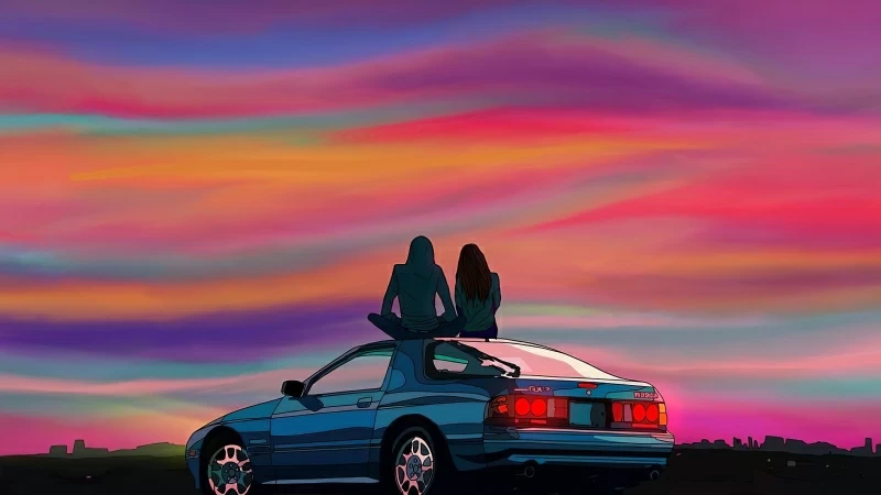 Couple Sitting On Car Evening Talks 4k Wallpaper