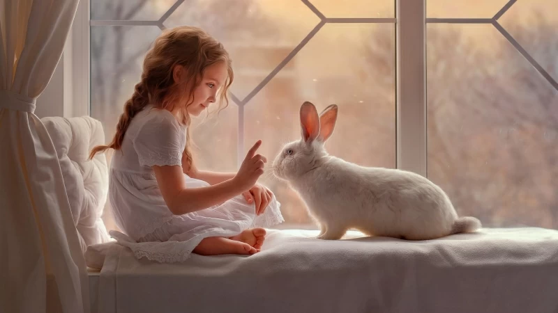 Cute girl and Rabbit Wallpaper