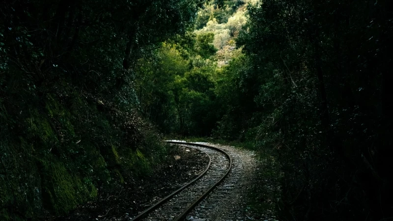 Railroad tracks on a mountain path 4K Wallpaper