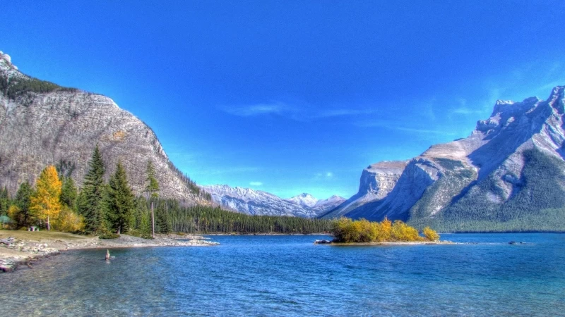 Beach River Surrounded Stone Mountains Under Blue Sky HD Nature Wallpaper