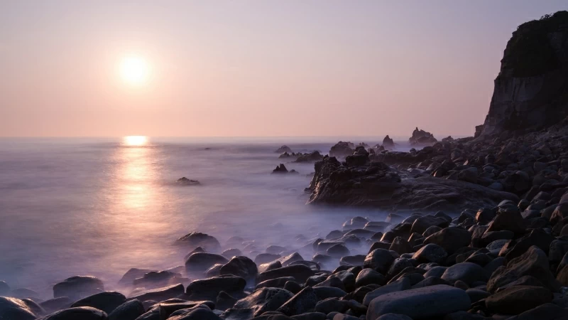 Coast Stones Rocks Under Light Pink Sky 4K HD Nature Wallpaper