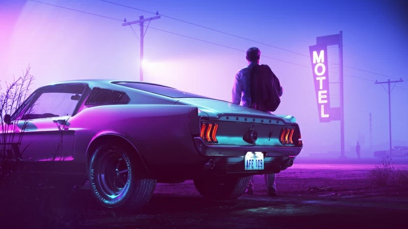 Retrowave Neon Mustang Driver 5K Wallpaper