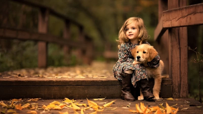 Cute Little Girl with Golden Retriever Cub Wallpaper