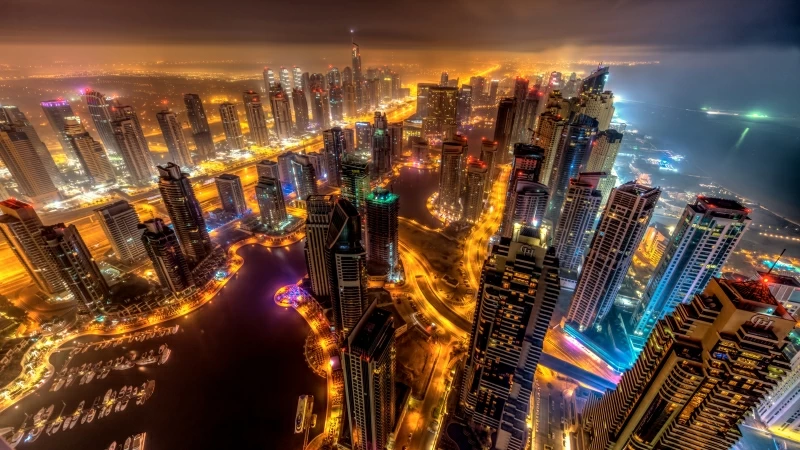 Dubai Buildings Night Lights Top View 5K Wallpaper