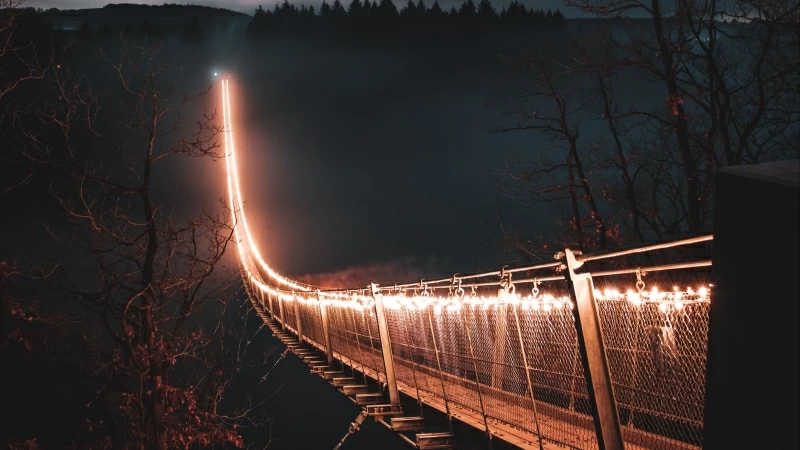 Bridge Night Fog Trees 4K HD Wallpaper