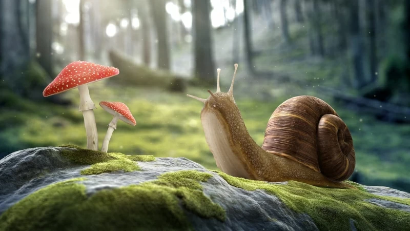 Brown Snail And Red Mushroom 4K HD Wallpaper