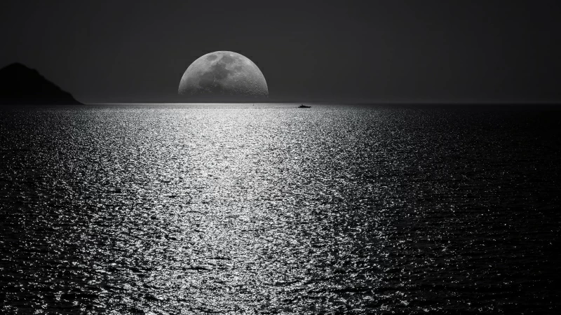 White And Black Moon With Black Skies And Body Of Water 4K HD Wallpaper