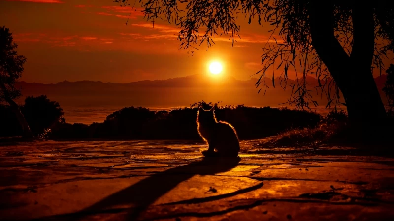 Cat Watching Sunset 4K HD Wallpaper