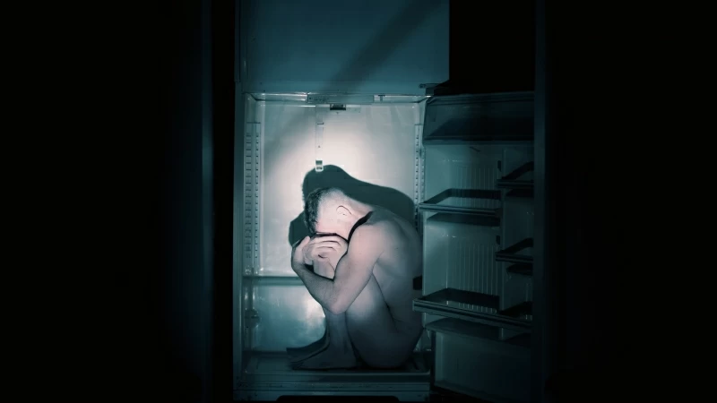 Sad Man Sitting Inside Fridge 4K HD Wallpaper