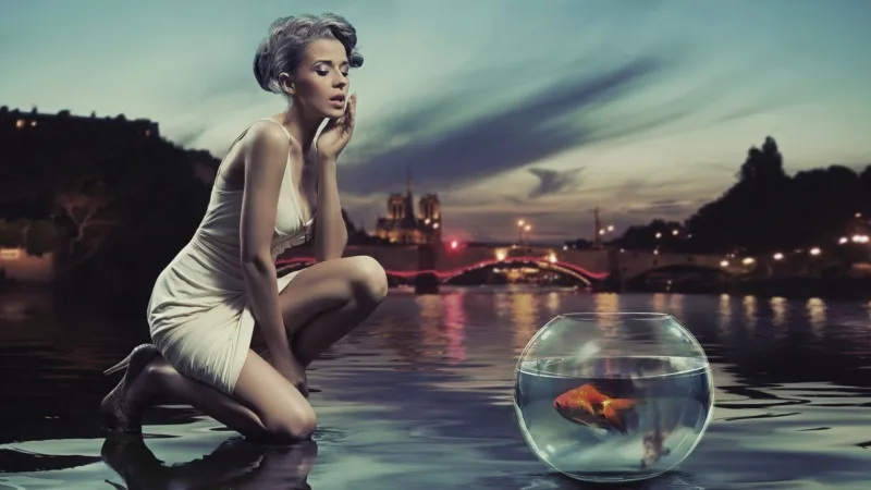 Aquarium Near Sea Shore Girl Creative Art Wallpaper