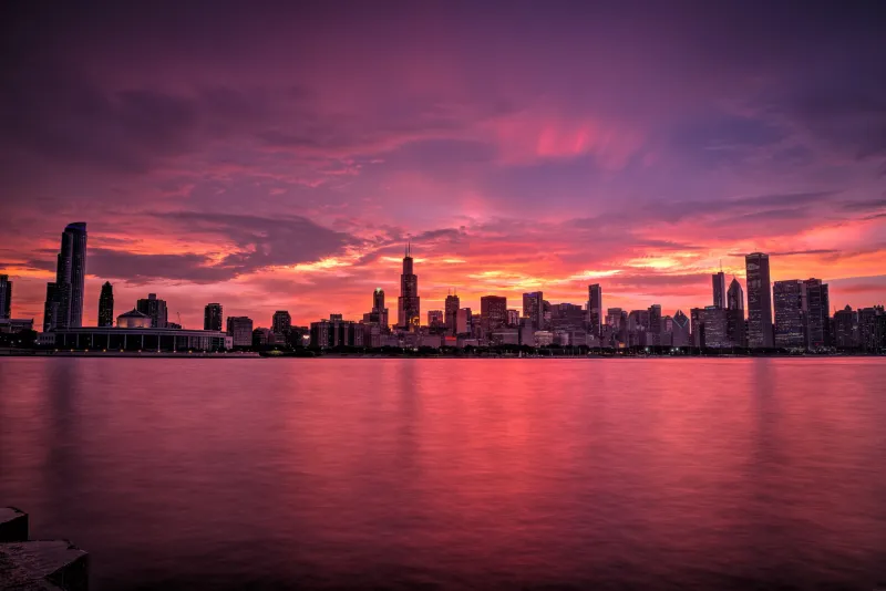 Chicago Buildings Evening Lights Skycrapper Sunrise Wallpaper