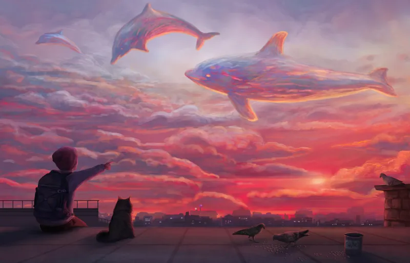 Dolphins Sky Clouds 5k Wallpaper