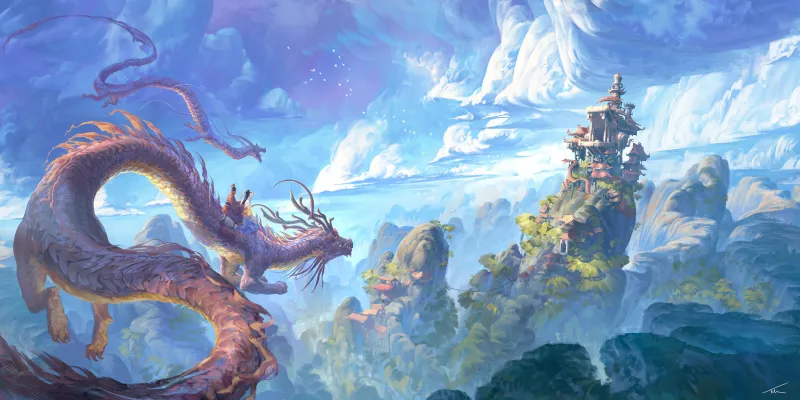 Dragon Cloud Fantasy Mountain Temple Wallpaper