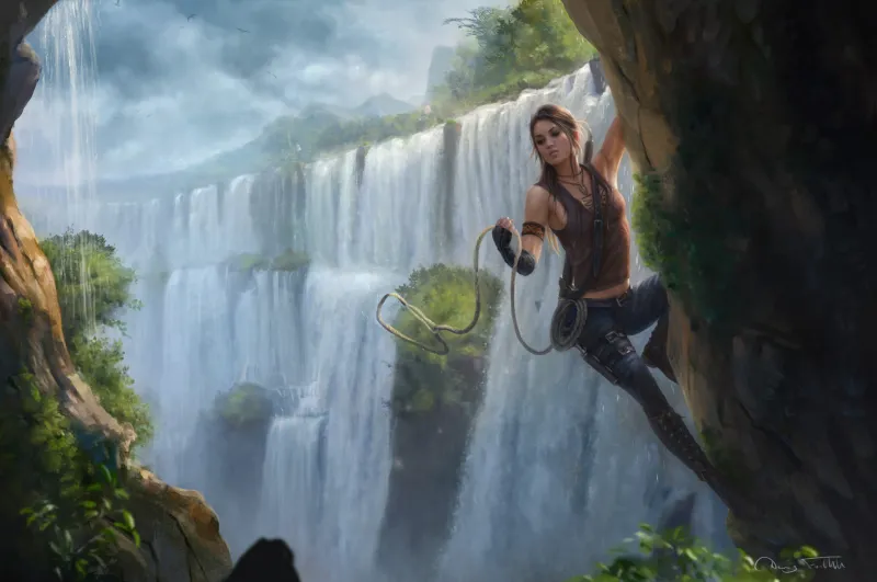 Fantasy Girl Climbing Through The Waterfall Wallpaper