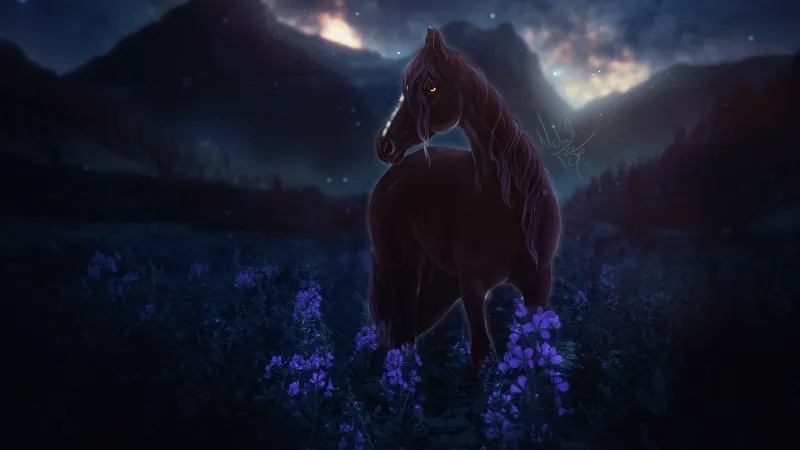 Horse Meadow Night Flowers 4k Wallpaper