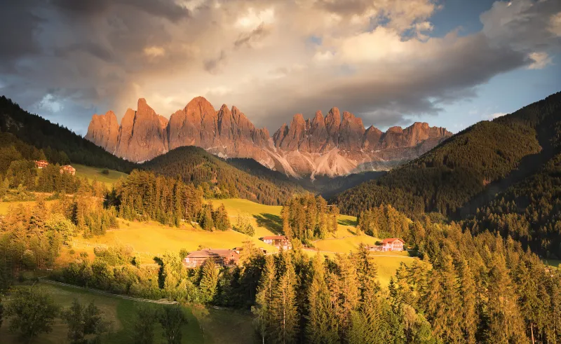 Italy Mountains Autumn Forests Houses Grasslands 4k Wallpaper