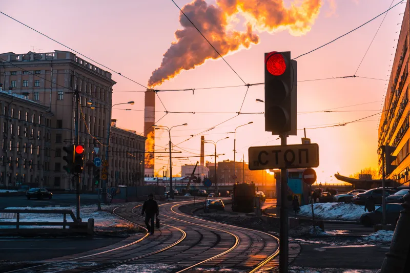 Morning City Traffic Lights Smoke Train Industry Chimney Wallpaper