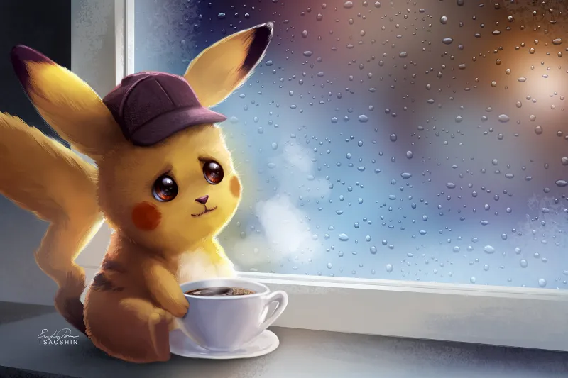 Pikachu Drinking Coffe Wallpaper