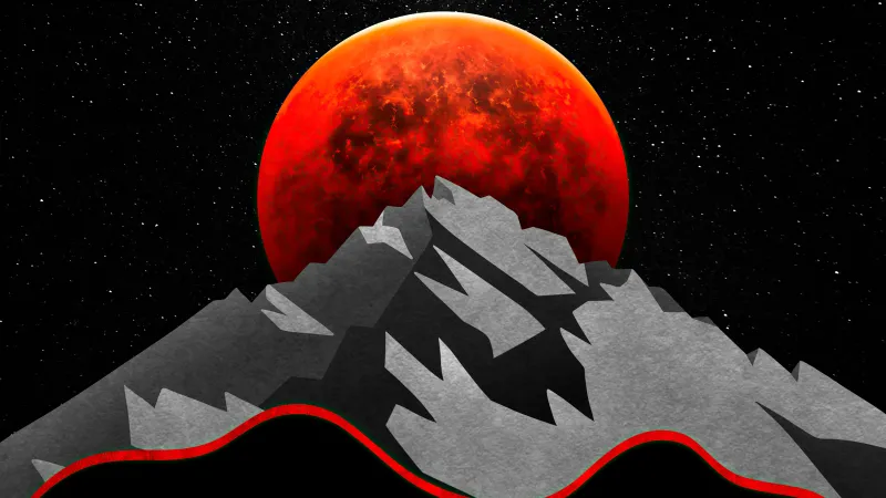 Red Sun Between Mountains Minimal 5k Wallpaper