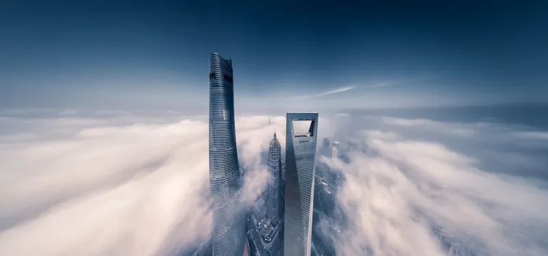 Shanghai Skyscraper Fog Clouds Wallpaper