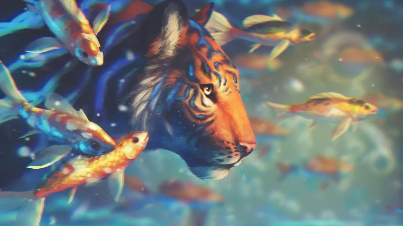 Tiger With Fishes Wallpaper