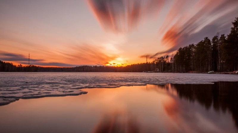 Sunset Lake Ice Trees Sky 4K HD Wallpaper