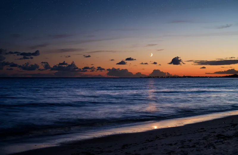 Beach Sea Evening Moon 5k Wallpaper