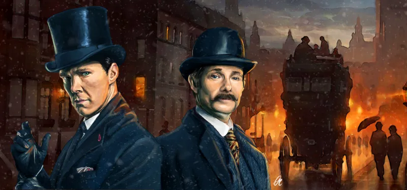 Benedict Cumberbatch And Martin Freeman Sherlock Holmes Artwork 5k Wallpaper