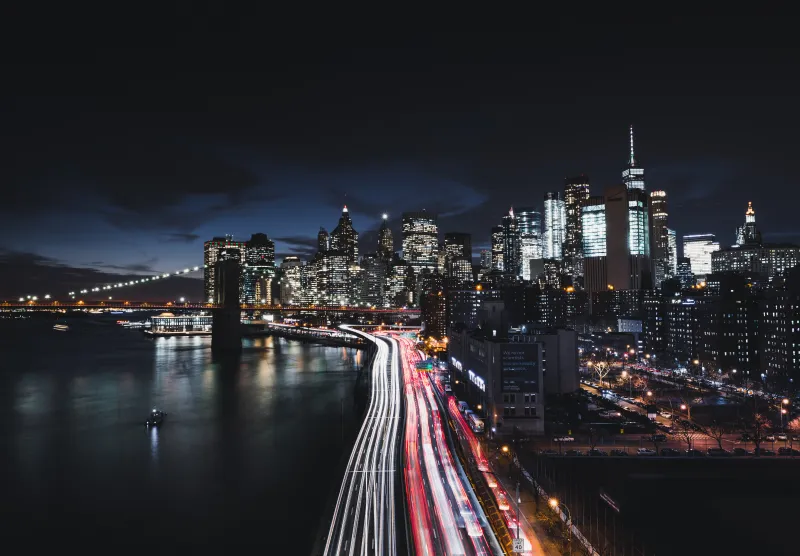 Brooklyn Bridge Cityscape Long Exposure Road Manhattan 8k Wallpaper