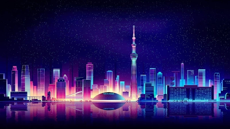 Vaporwave fantasy City Art Starry Neon Art Reflection Digital Art 4K HD Wallpaper