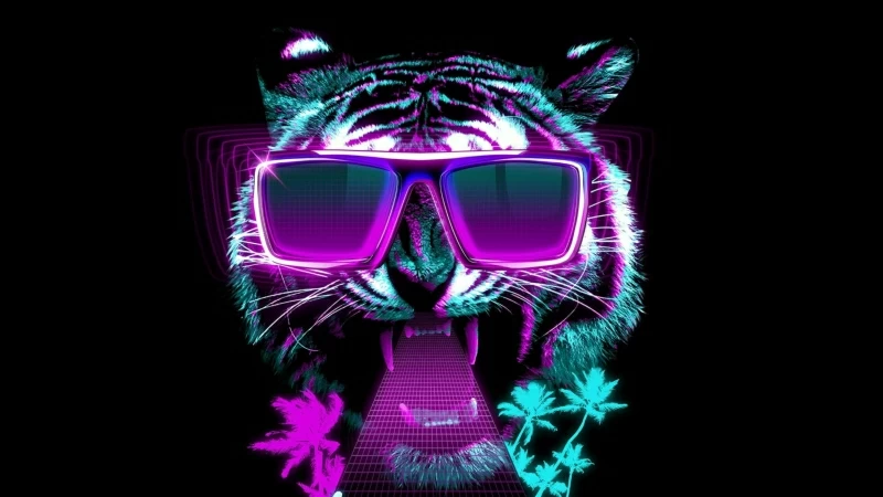 Vaporwave Tiger Sunglasses Neon Graphic Design Retrowave Eyewear 4K HD Wallpaper