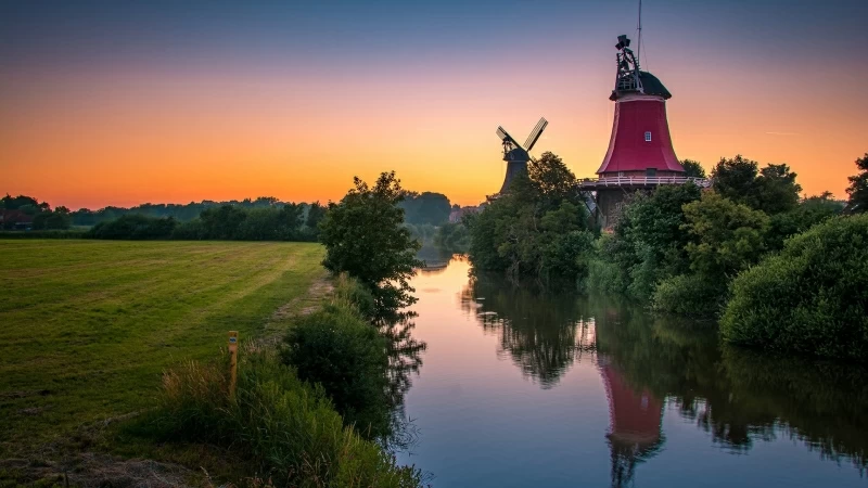 Windmill Clouds River Grass Reflection HD Wallpaper