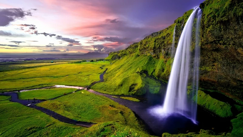 3D Waterfall Green Fields Clouds HD Wallpaper