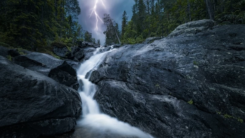 Waterfall and Lightning HD Wallpaper