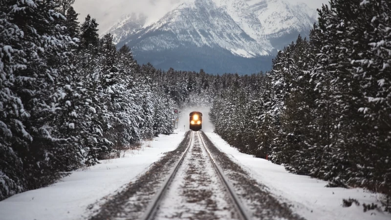 Snow Covered Mountain Under Train Track Between Palm Trees 4K 5K HD Wallpaper