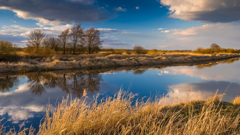 Dry Field Between River With Reflection Of Clouds During Daytime 4K 5K HD Nature Wallpaper