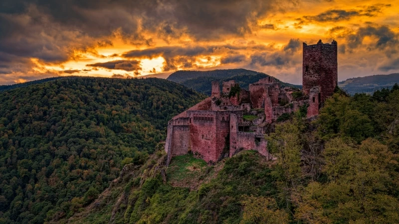 Green Covered Mountain Between Man Made Castle 4K 8K HD Nature Wallpaper