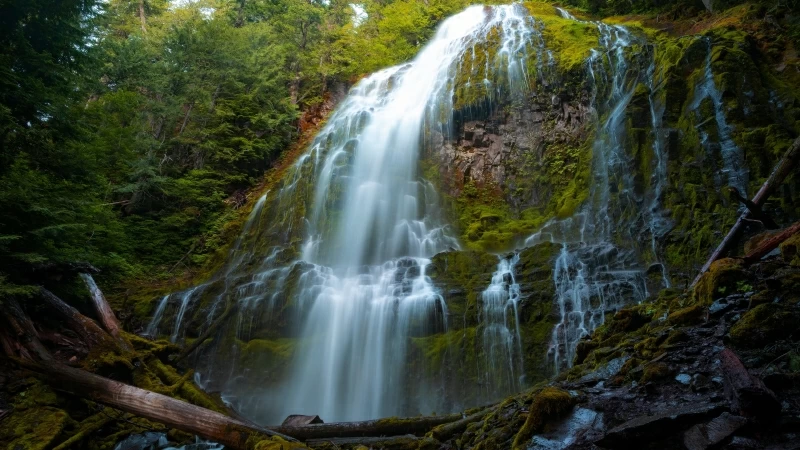 Green Covered Mountain With Green Trees Between Water Falls During Daytime 4K HD Nature Wallpaper