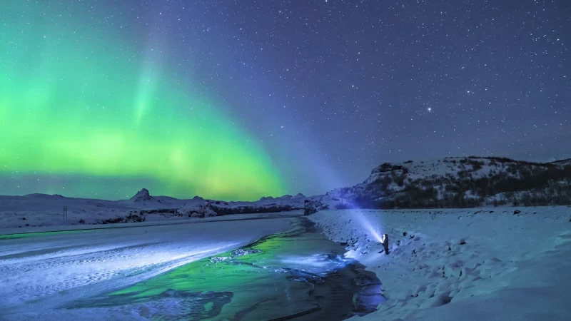 Person Standing Under Aurora Light 4K HD Nature Wallpaper