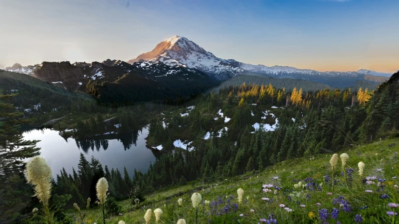 Snow Covered Mountain Under Lake With Green Field During Daytime 4K 5K HD Nature Wallpaper