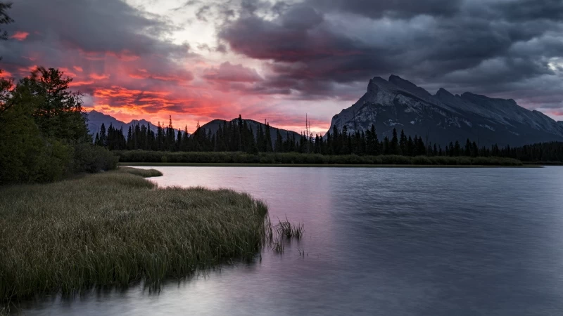 White and Red Clouds Under Mountain In Front Of Lake During Sunset Time 4K HD Nature Wallpaper