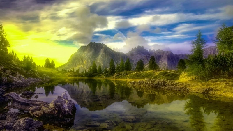 Green Flash Passing Through Lake Dolomites Trees Alps 4K 5K HD Nature Wallpaper