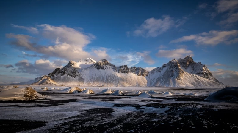 Hofn Vestrahorn Clouds Iceland Snow Covered Mountains 4K HD Nature Wallpaper