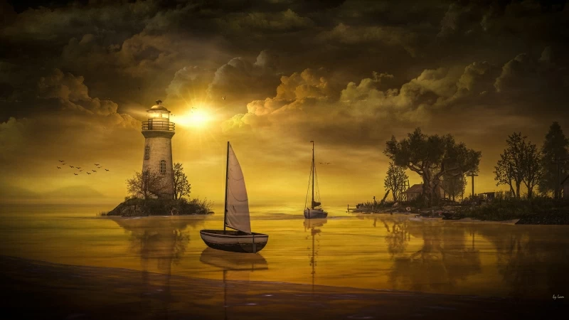 Fantasy Artistic Lighthouse Between Lake 4K HD Nature Wallpaper