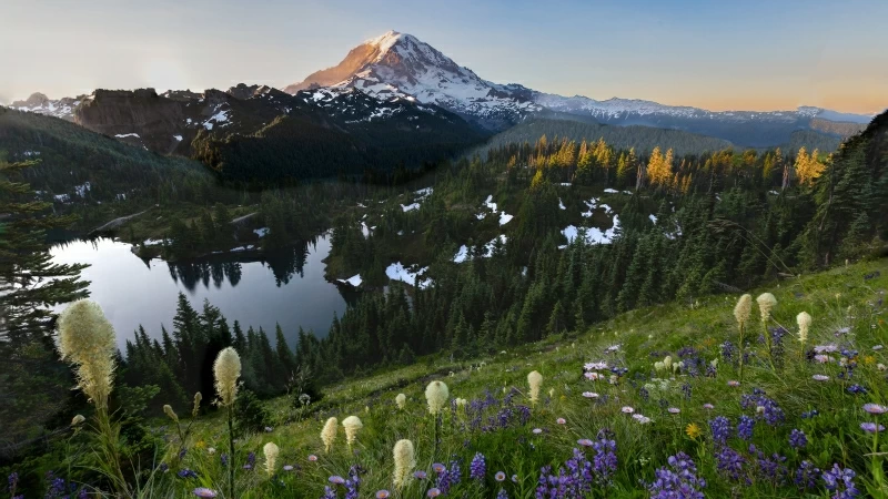 Green Covered Mountain Between Lake With Green Field During Dayime 4K 5K HD Nature Wallpaper