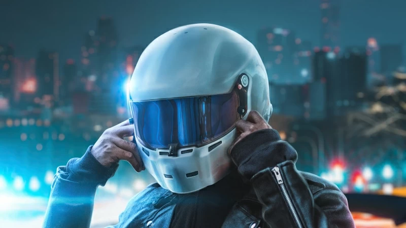 Biker Touching Helmet 4k Wallpaper