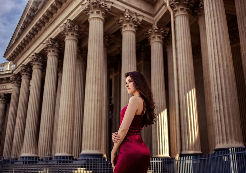 Girl Red Dress Looking Into Distance 4k Wallpaper